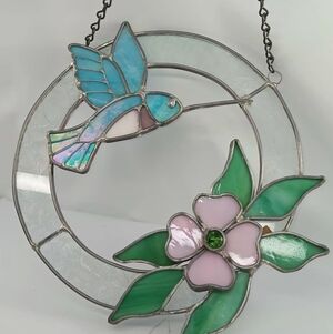 Stained Glass Hummingbird and Flower Suncatcher. Heavy 3D